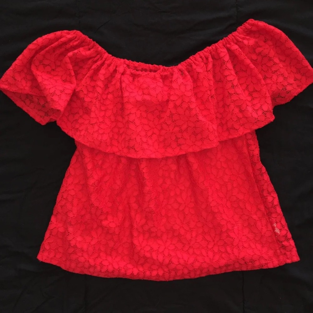 Red Floral Lace Off The Shoulder Blouse